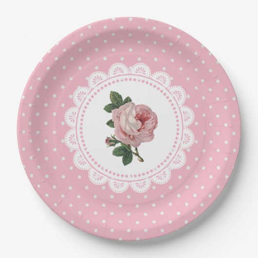 Personalisiert rosa Vintage Rose Papier Teller (Vorderseite)