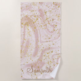 Personalisiert rosa weißer Marmor Swirl Gold Glitz Strandtuch