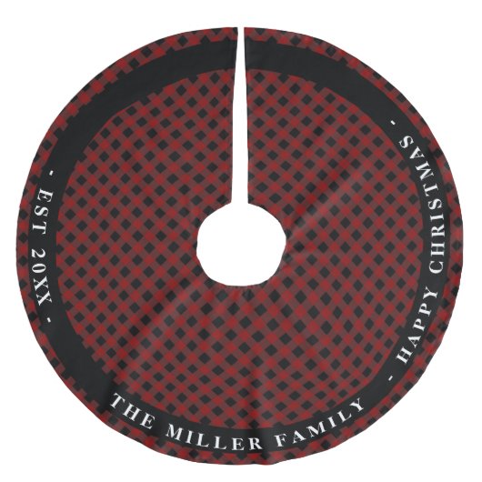 Personalisiert Rot Kariert rustikal mit Monogramm Polyester Weihnachtsbaumdecke (Vorderseite)