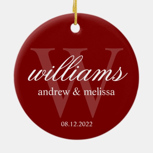 Personalisiert-Rot-Weiß-Monogramm Keramik Ornament (Hinten)