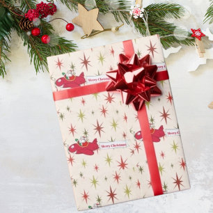 Personalisiert, rotes Flugzeug und Weihnachtsmann, Geschenkpapier