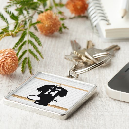 Personalisiert Rugby Jersey Black und White Schlüsselanhänger (Seite)