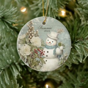 Personalisiert Rustikal Vintag Snowman Weihnachten Keramik Ornament