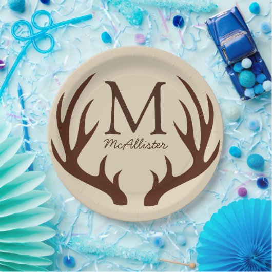 Personalisiert - Rustikaler Brauner Antler Ecru Pappteller (Party)