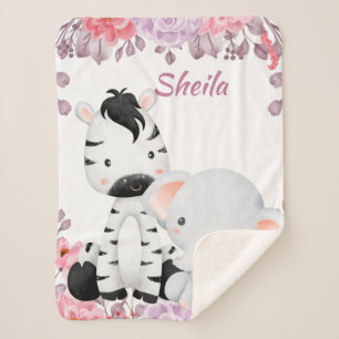 Personalisiert Safari Animals Girl Baby Blanket Sherpadecke