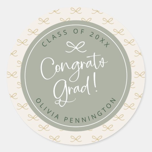 Personalisiert Sage Green Bow Girly Runder Aufkleber (Vorderseite)