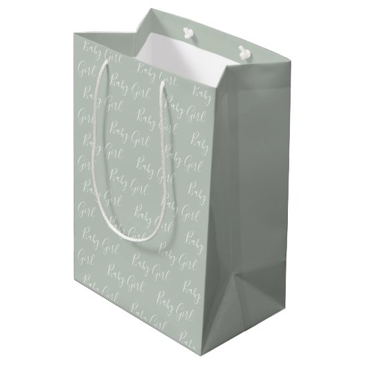 Personalisiert Sage Green Elegante Baby Girl Mittlere Geschenktüte (Rückseite Schrägansicht)