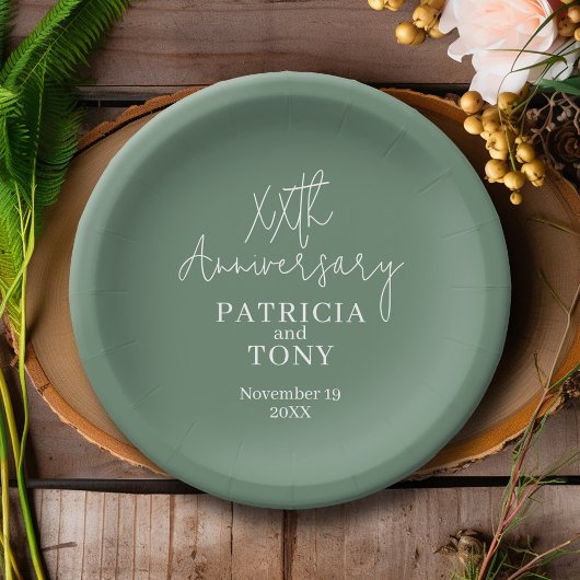 Personalisiert Sage Green Modern Hochzeitstag Pappteller