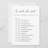 Personalisiert sagte er, sie sagte Brautparty Game Einladung (Vorderseite)