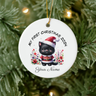 Personalisiert Santa Black Kitten Erste Weihnachte Keramik Ornament