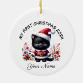 Personalisiert Santa Black Kitten Erste Weihnachte Keramik Ornament (Hinten)