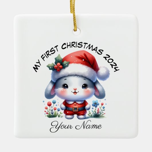 Personalisiert Santa Bunny First Weihnachten Keramikornament (Vorderseite)