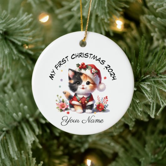 Personalisiert Santa Calico Kitten Erste Weihnacht Keramik Ornament (Baum)