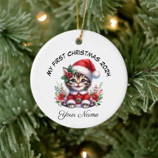 Personalisiert Santa Tabby Kitten Erste Weihnachte Keramik Ornament (Baum)