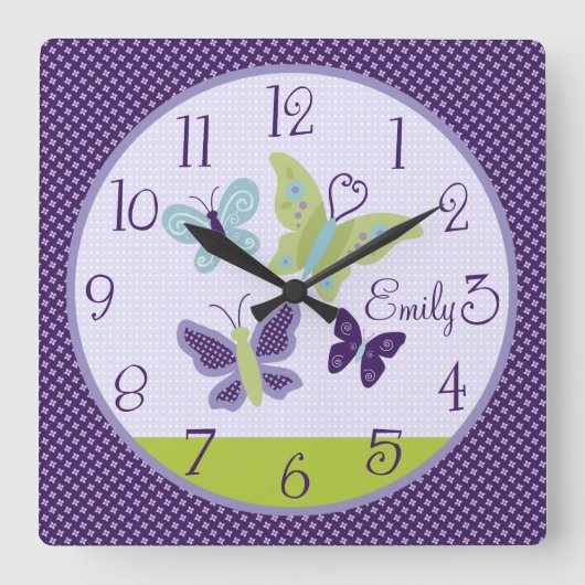 Personalisiert schöne Schmetterlinge Kinderzimmer Quadratische Wanduhr (Vorderseite)