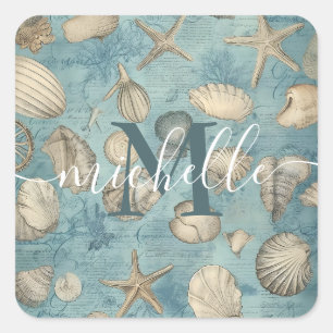 Personalisiert schöne Vintage Muscheln in Blau Quadratischer Aufkleber