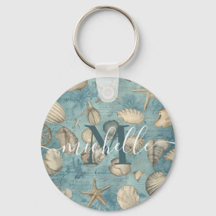 Personalisiert schöne Vintage Muscheln in Blau Schlüsselanhänger