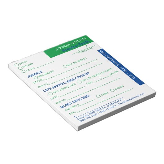 Personalisiert School Student Eltern Notepad Notizblock (angewinkelt)