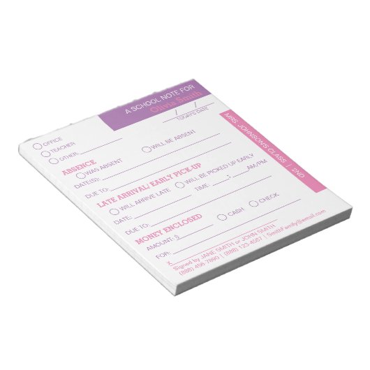 Personalisiert School Student Eltern Notepad Notizblock (angewinkelt)