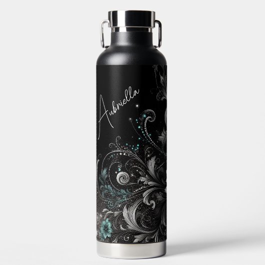 Personalisiert Schwarz und Aquamarine Glitterie Trinkflasche (Vorderseite)
