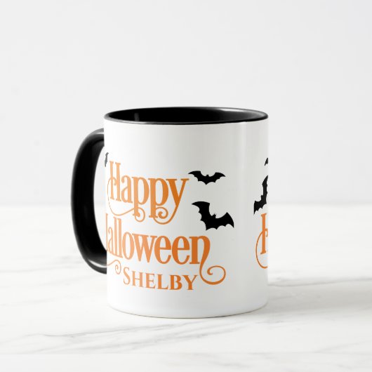 Personalisiert Schwarz und Orange Happy Halloween Tasse (Vorderseite Links)