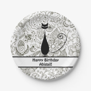 Personalisiert Schwarz und Weiß Katze Happy Birthd Pappteller