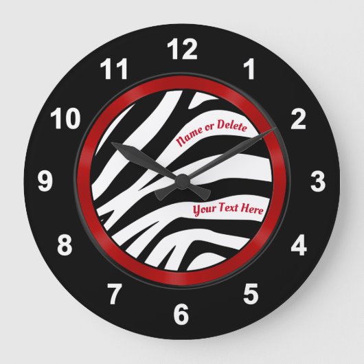 Personalisiert, schwarz und weiß Zebra Dekor, Zebr Große Wanduhr (Vorderseite)