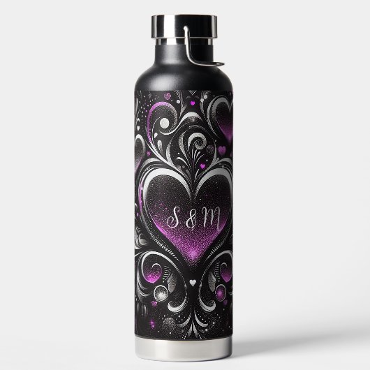 Personalisiert Schwarze und lila Glitzer Trinkflasche (links)