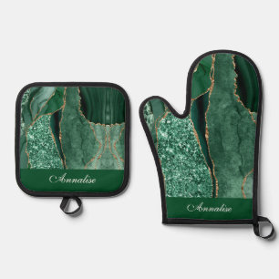 Personalisiert Sequin Green Agate Ofenhandschuh & Topflappen-Set