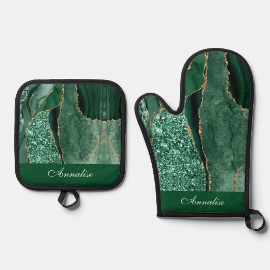 Personalisiert Sequin Green Agate Ofenhandschuh & Topflappen-Set (Vorderseite)