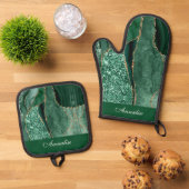 Personalisiert Sequin Green Agate Ofenhandschuh & Topflappen-Set (Oben Unten)