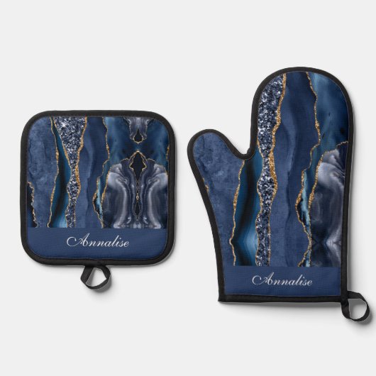 Personalisiert Sequin Navy Blue Agate Ofenhandschuh & Topflappen-Set (Vorderseite)