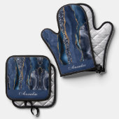 Personalisiert Sequin Navy Blue Agate Ofenhandschuh & Topflappen-Set (Vorderseite/Rückseite)