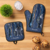 Personalisiert Sequin Navy Blue Agate Ofenhandschuh & Topflappen-Set (Oben Unten)