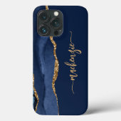 Personalisiert Signature Navy Blue Gold Agate Case-Mate iPhone Hülle (Rückseite)