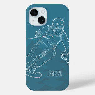 Personalisiert Skier Sketched Zeichnend auf Blue iPhone 15 Hülle