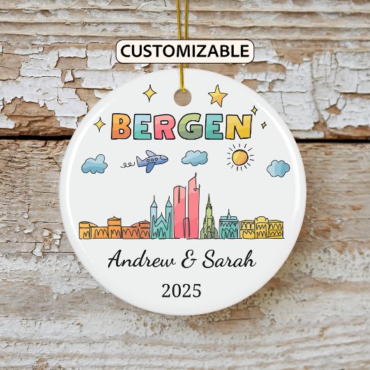 Personalisiert Skyline Bergen Ornament, Norwegen Keramik Ornament