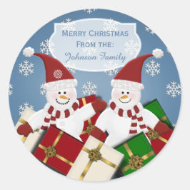 Personalisiert Snowman Weihnachtskleber Blau Runder Aufkleber