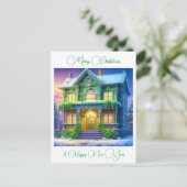Personalisiert Snowy Christmas Green House Postkarte (Stehend Vorderseite)