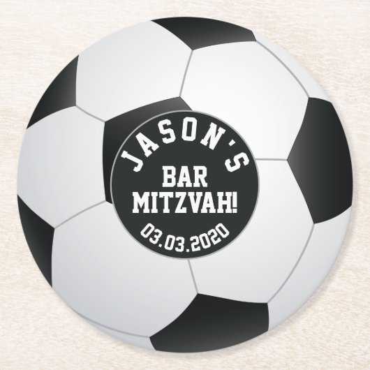 Personalisiert Soccer Bar Mitzvah Schwarz-weiß Runder Pappuntersetzer (Vorderseite)