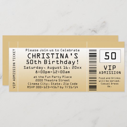 Personalisiert Soft Gold Custom Birthday Ticket Einladung (Vorne/Hinten)