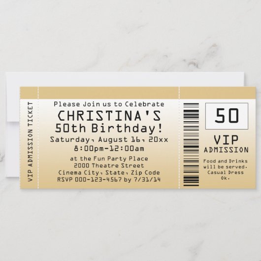 Personalisiert Soft Gold Custom Birthday Ticket Einladung (Vorderseite)