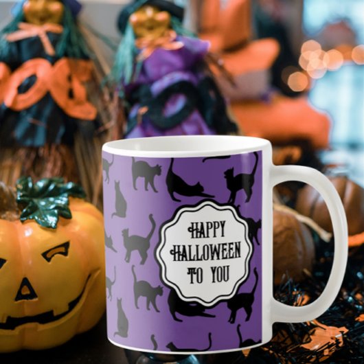 Personalisiert Spooky Lila Halloween-Schwarzkatzen Kaffeetasse