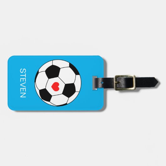 Personalisiert Sport Fußball Blau mit Herz Gepäckanhänger (Vorderseite horizontal)