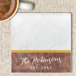 Personalisiert-Square-Marmor-Wald Nachname Est Dat Glasuntersetzer