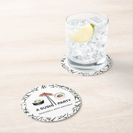 Personalisiert Sushi Birthday Schwarz-weiß Runder Pappuntersetzer (Vor Ort)