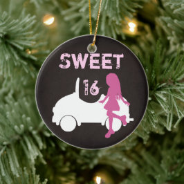 Personalisiert Sweet 16 Girl and Car ~ Pink, Brown Keramik Ornament