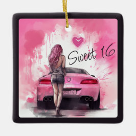 Personalisiert Sweet 16 Pink Car und Girl Weihnach Keramikornament