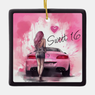 Personalisiert Sweet 16 Pink Car und Girl Weihnach Keramikornament