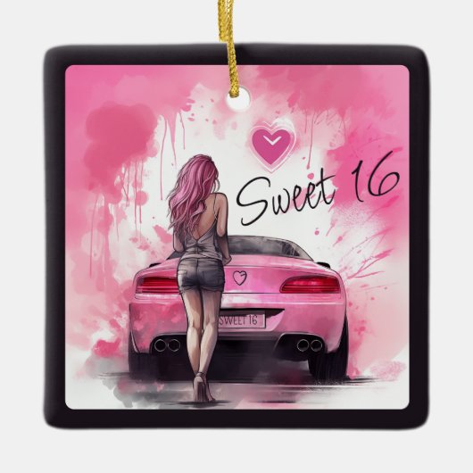 Personalisiert Sweet 16 Pink Car und Girl Weihnach Keramikornament (Vorderseite)
